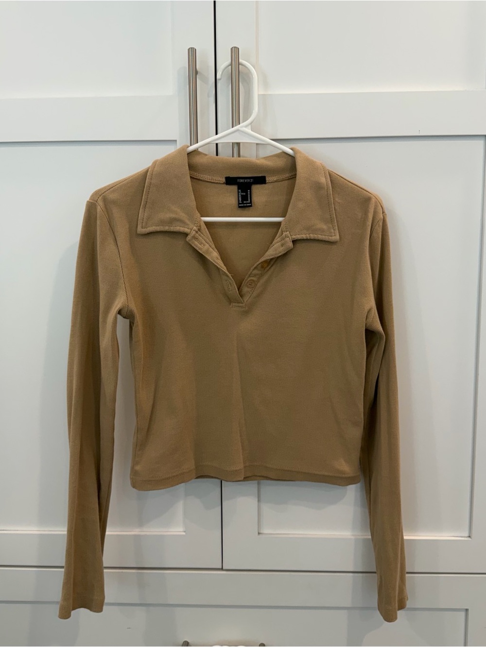 Long-Sleeve Polo Top in Camel